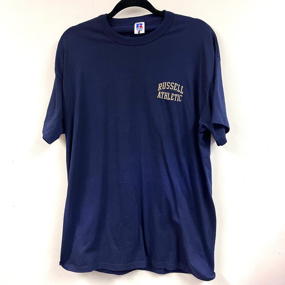 Vintage Men's 1990's Russel Athletic navy short sleeve tee embroidered logo LG